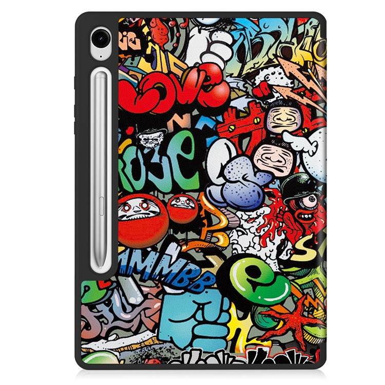 Samsung Galaxy Tab S10 Lite / S10 FE / Tab S9 FE / S9 Leder Tasche Smart Cover Schutzhülle   S-Pen Halterung - Graffiti