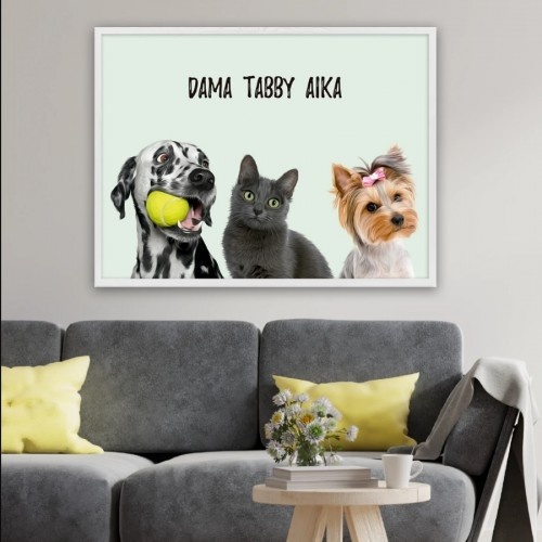 Retrato personalizado e realista dos 3 animais de estimação da MascoZoom com moldura de madeira branca.
