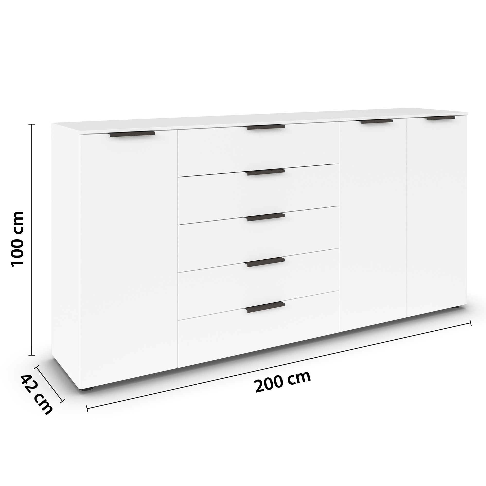 Kommode - alpinweiß - Graphitgriffe - 199 cm