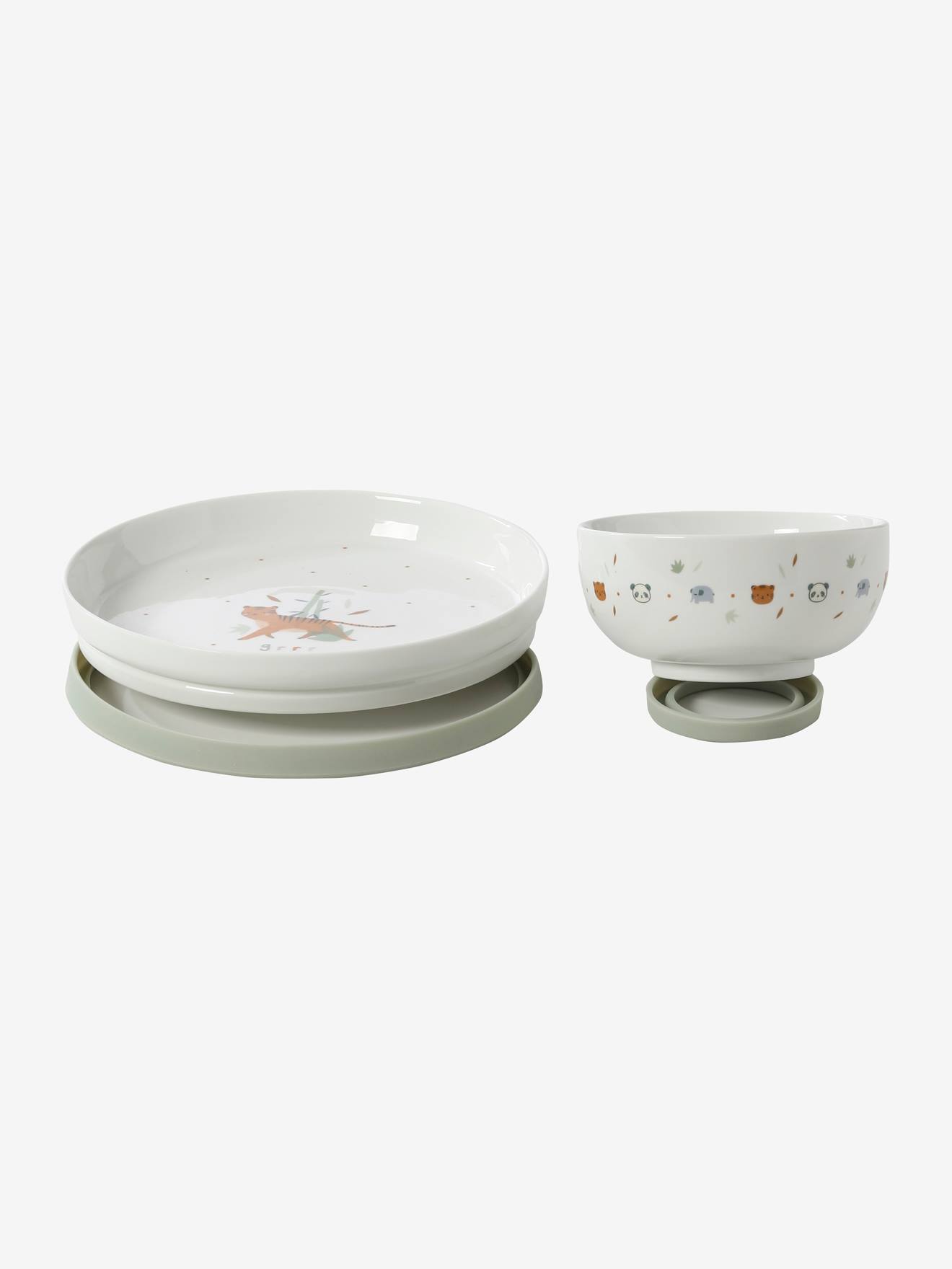 Conjunto de jantar Hanoi em cerâmica e silicone, verde claro, liso com motivos.