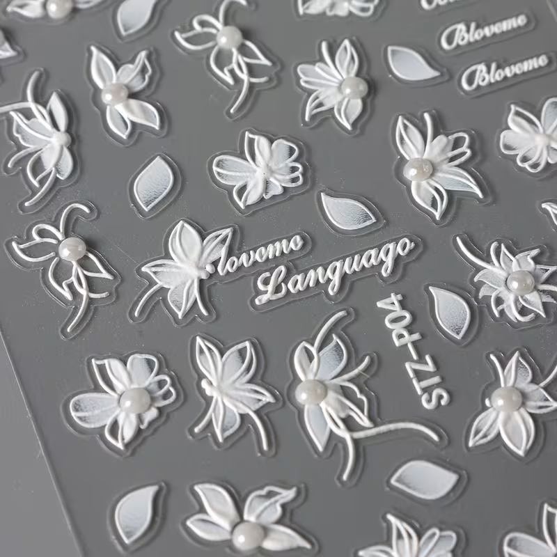 (42-tlg. Set) 5D Nagel Sticker Nail Art Tattoo Selbstklebende Aufkleber Blumen - Weiss