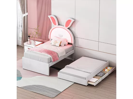 Lit gigogne enfant 90 x 200 cm velours canapé-lit avec lit gigogne tiroir de rangement et lumière LED beige