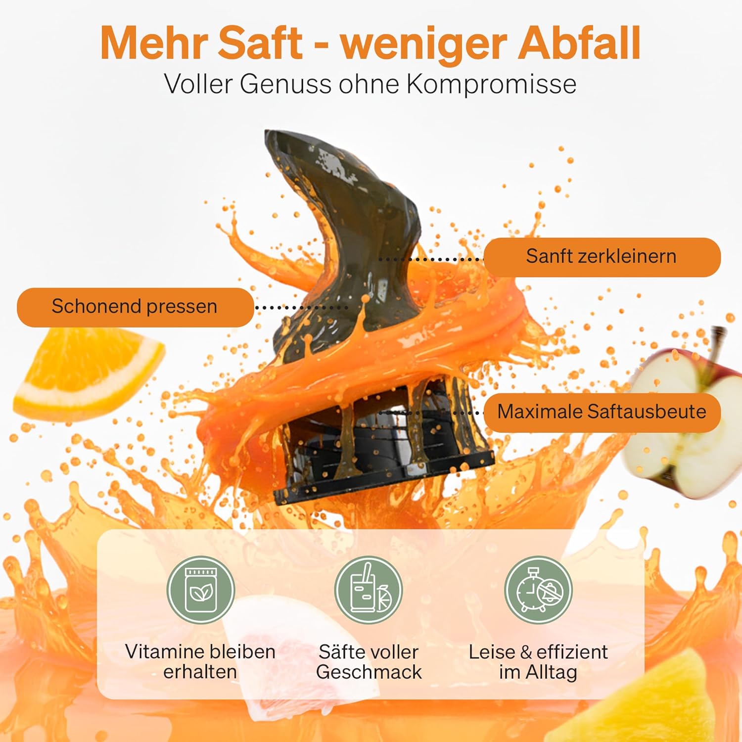 Entsafter Slow Juicer - Entsafter Gemüse und Obst Testsieger - 130 mm XXL Einfüllschacht, 1,8 L Füllvolumen, Juicer Machine mit 2 Gläsern, 3-fach Edelstahl-Filter, einfache Reinigung, 250W