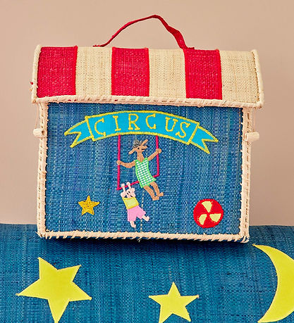 Rice Opbevaringskurv - Ekstra Lille Raffia Hus - Blå/Circus