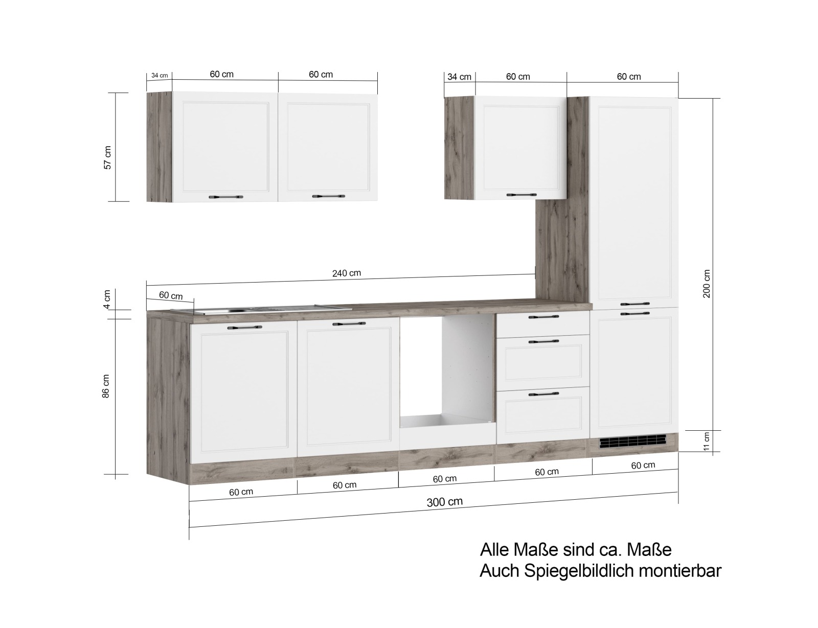 Küchenzeile MERAN - weiß - Wotaneiche - 300 cm