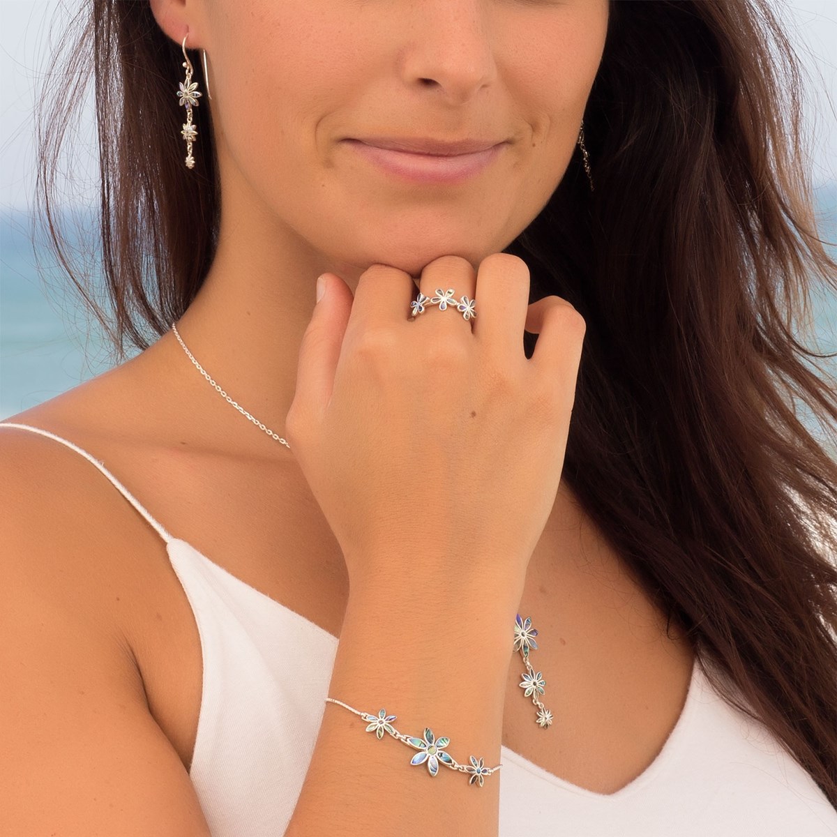 Boucles d'Oreille Nacre abalone 3 fleurs Sertie Argent 925 Rhodié