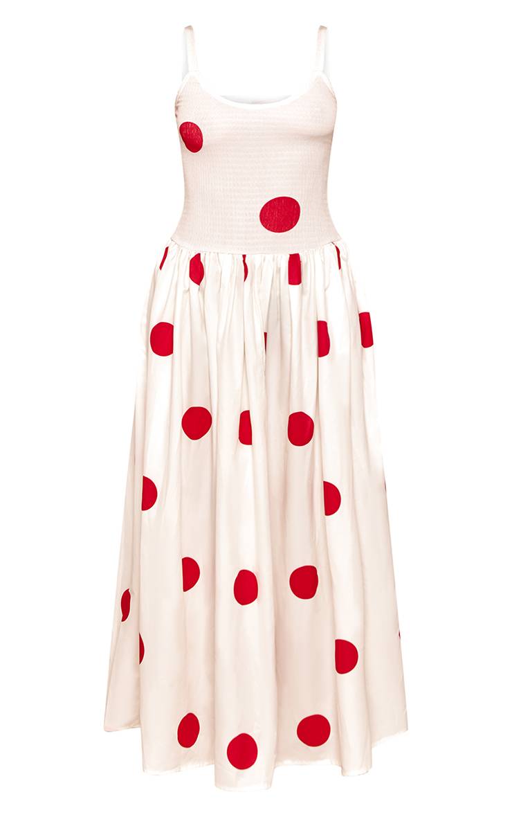 Crème Robe Maxi Petite À Taille Basse Froncée Et Pois