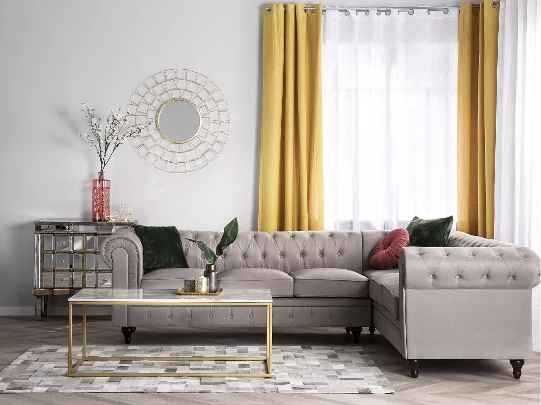 Canapé d'Angle à droite en Tissu Beige Housse Amovible Assise Large Chesterfield