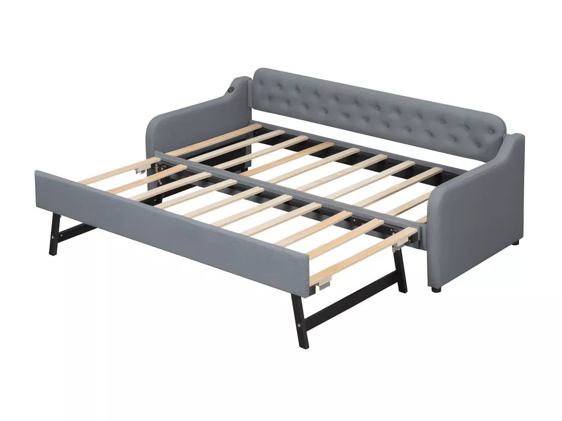 Lit gigogne 90x200cm - avec Port USB - tissu en Lin - Gris