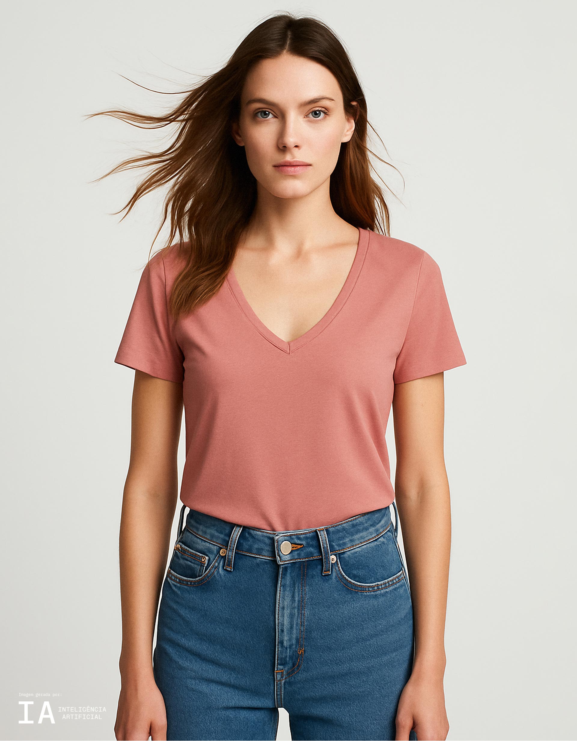 T-shirt Decote em V, Mulher, Rosa