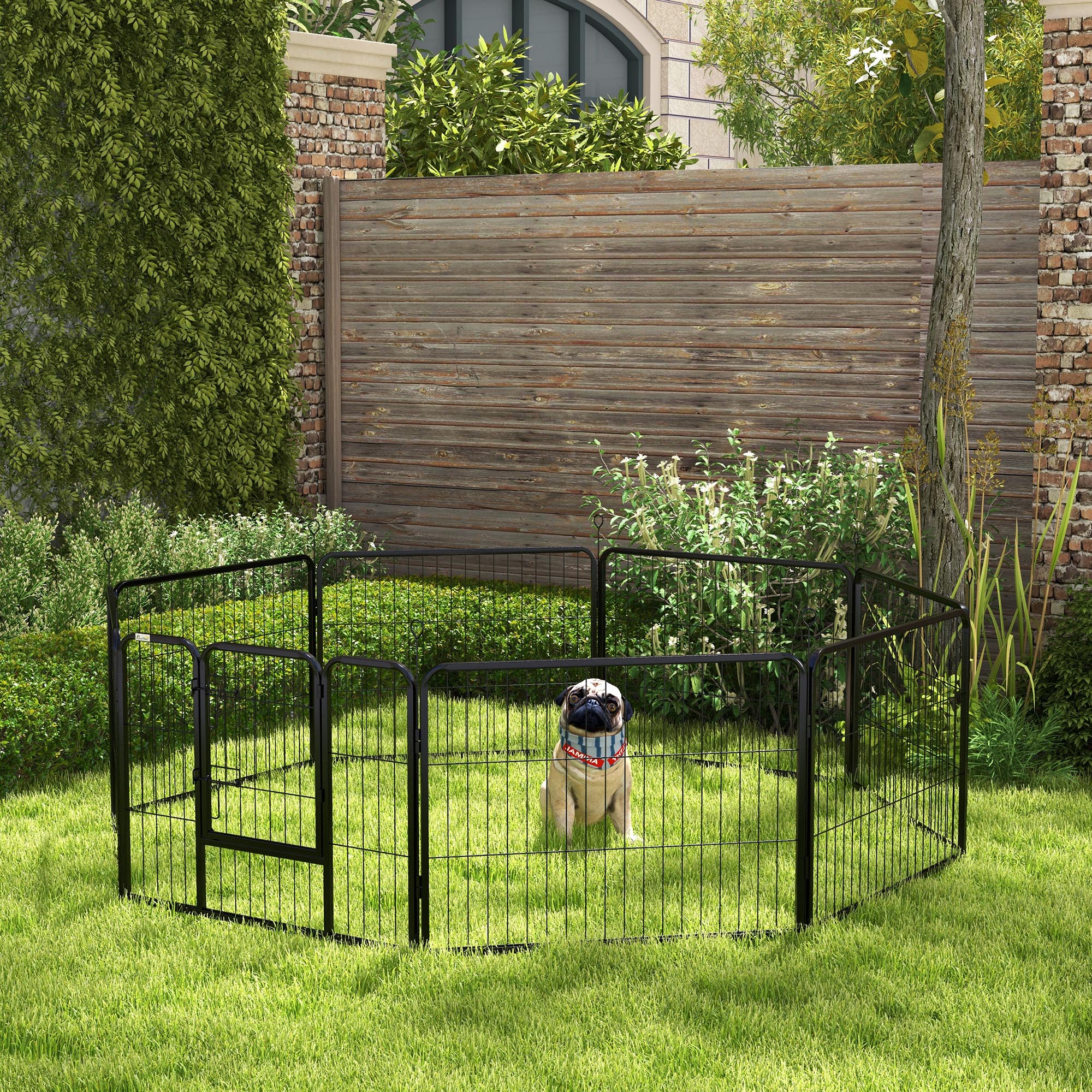 Cercado para cães PawHut com 8 painéis, 80x60 cm, formato personalizável, com portão de estrutura de aço e 8 âncoras para fixação no solo, ideal para jardim e pátio. Cor: Preto.