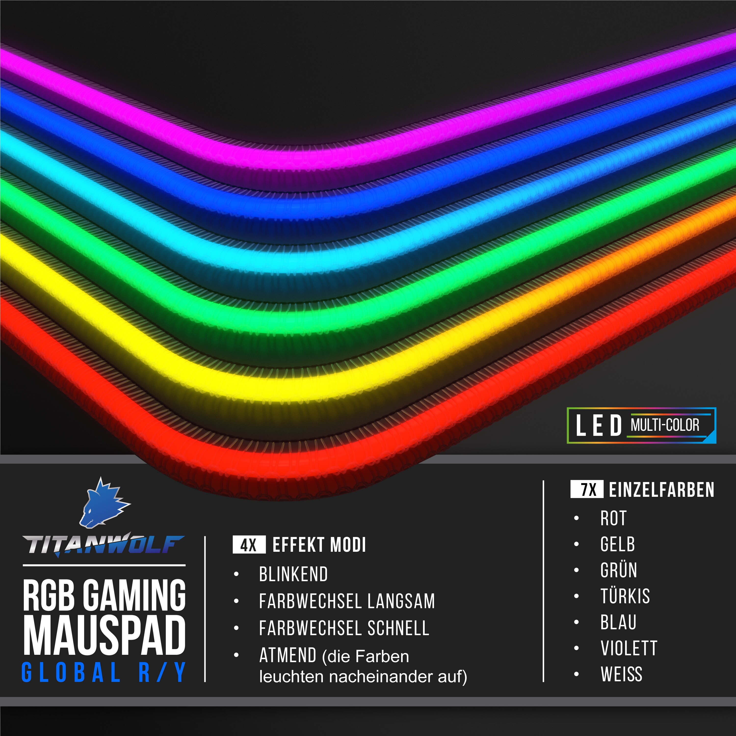 Titanwolf RGB Gaming Mauspad, Mousepad XL 800 x 300mm verbessert Präzision & Geschwindigkeit, Weltkarte rot