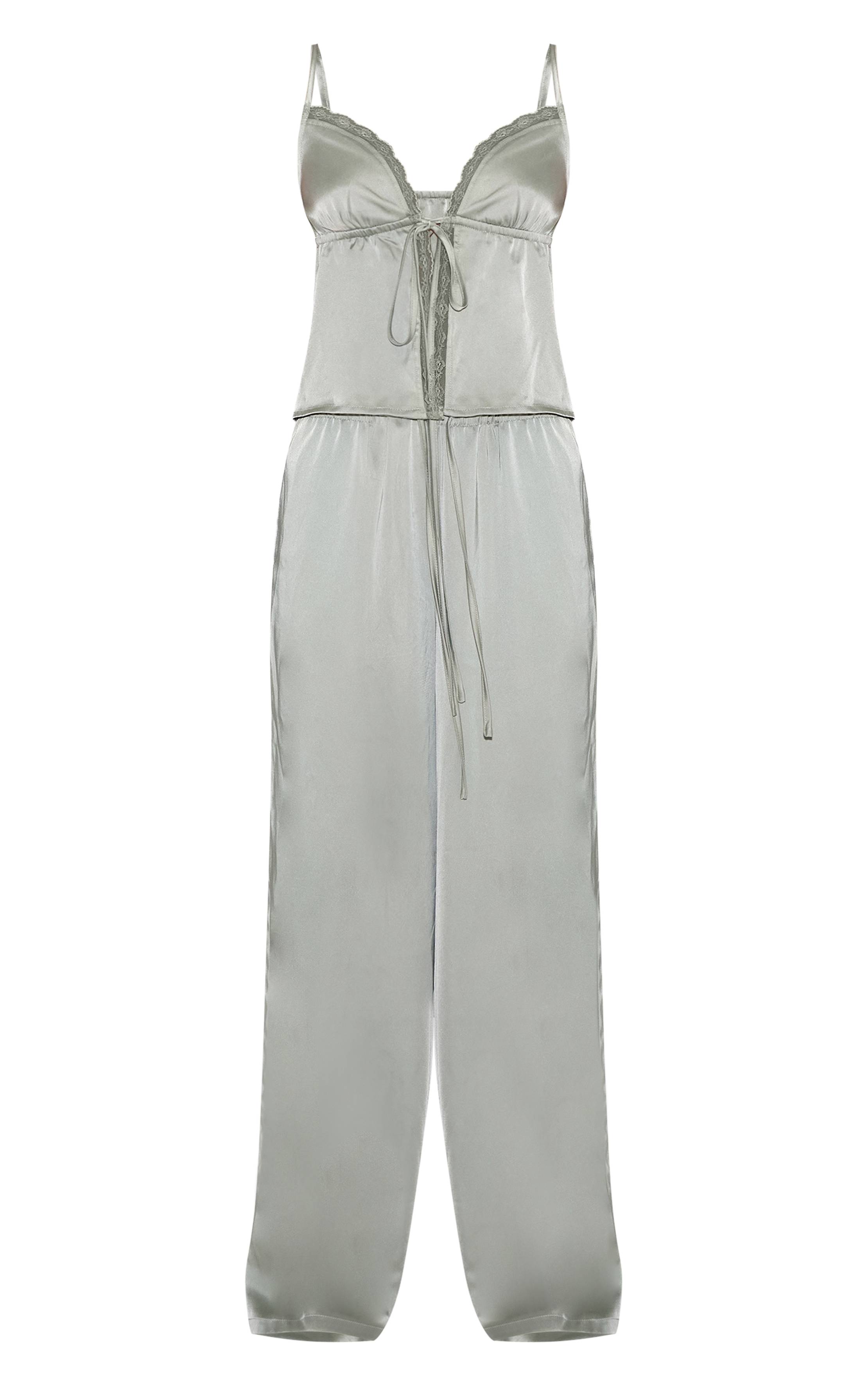 Vert Sauge Ensemble Pyjama Caraco À Nœud Devant En Satin Avec Détails En Dentelle