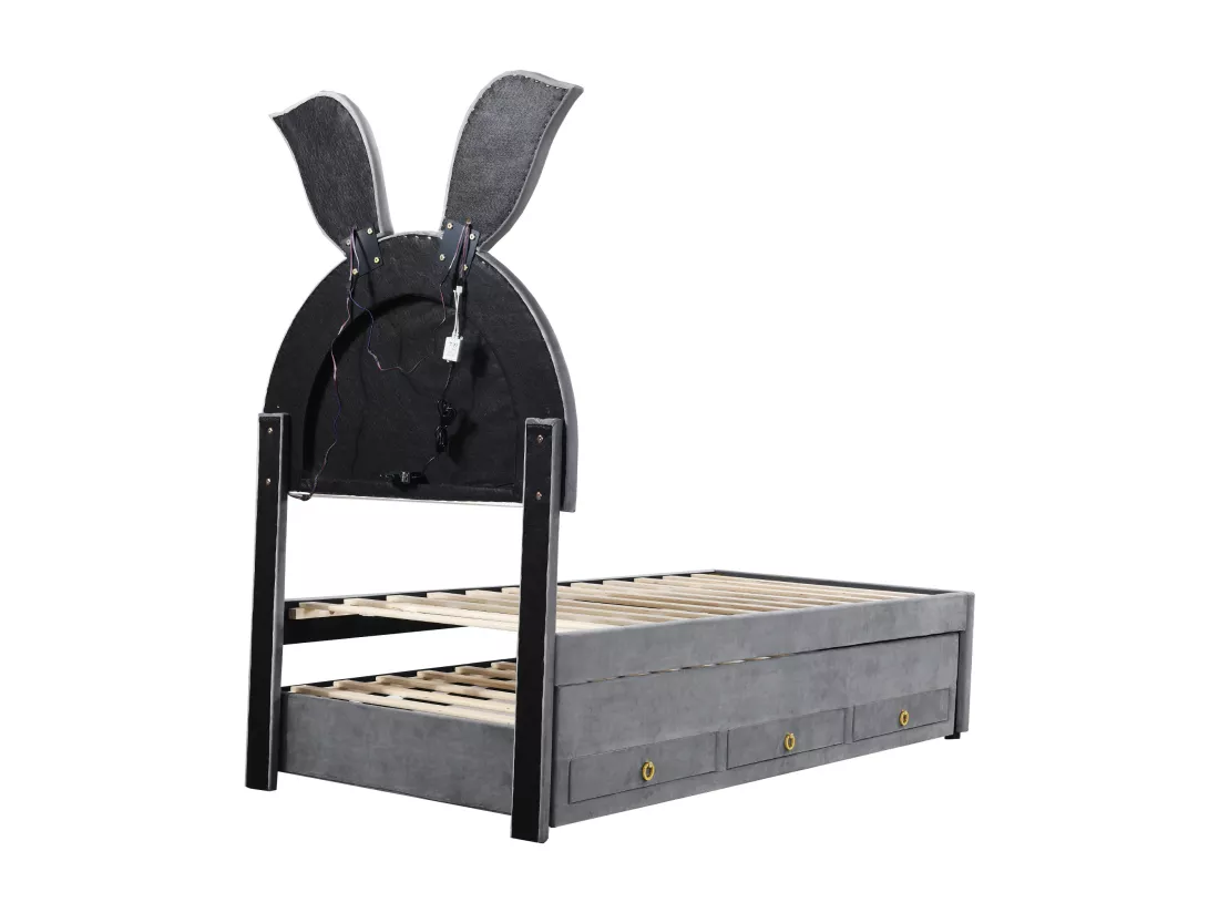 Lit gigogne enfant 90 x 200 cm velours canapé-lit avec lit gigogne tiroir de rangement et lumière LED gris