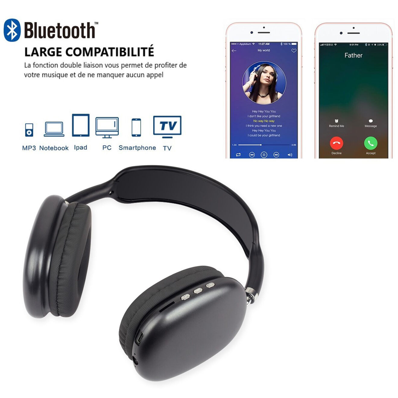 Onamaste Casque sans fil Bluetooth noir