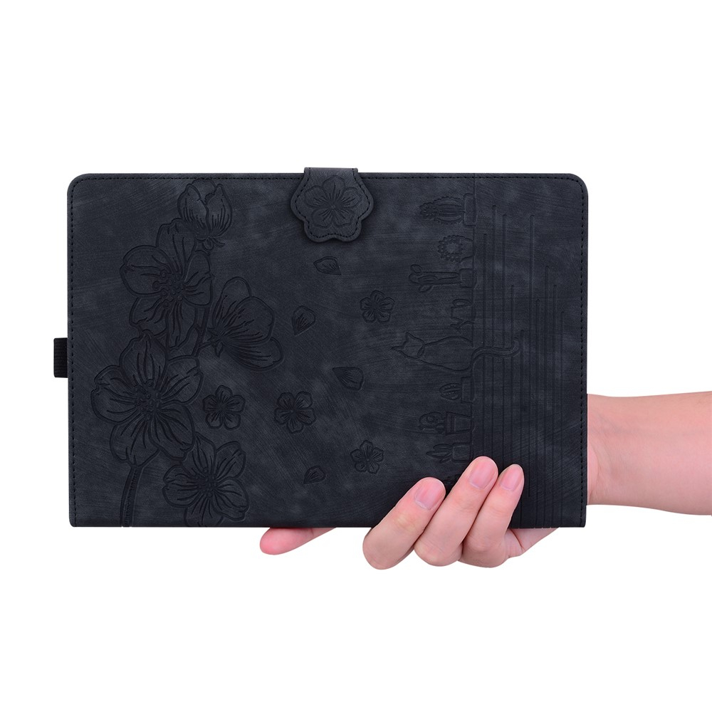 Samsung Galaxy Tab S11 Ultra Leder Tasche Flip Cover Blumen Imprint   S-Pen Halterung - Schwarz