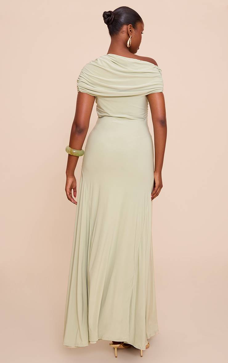 Vert Sauge Robe Longue Asymétrique Froncée En Tissu Slinky Double Épaisseur