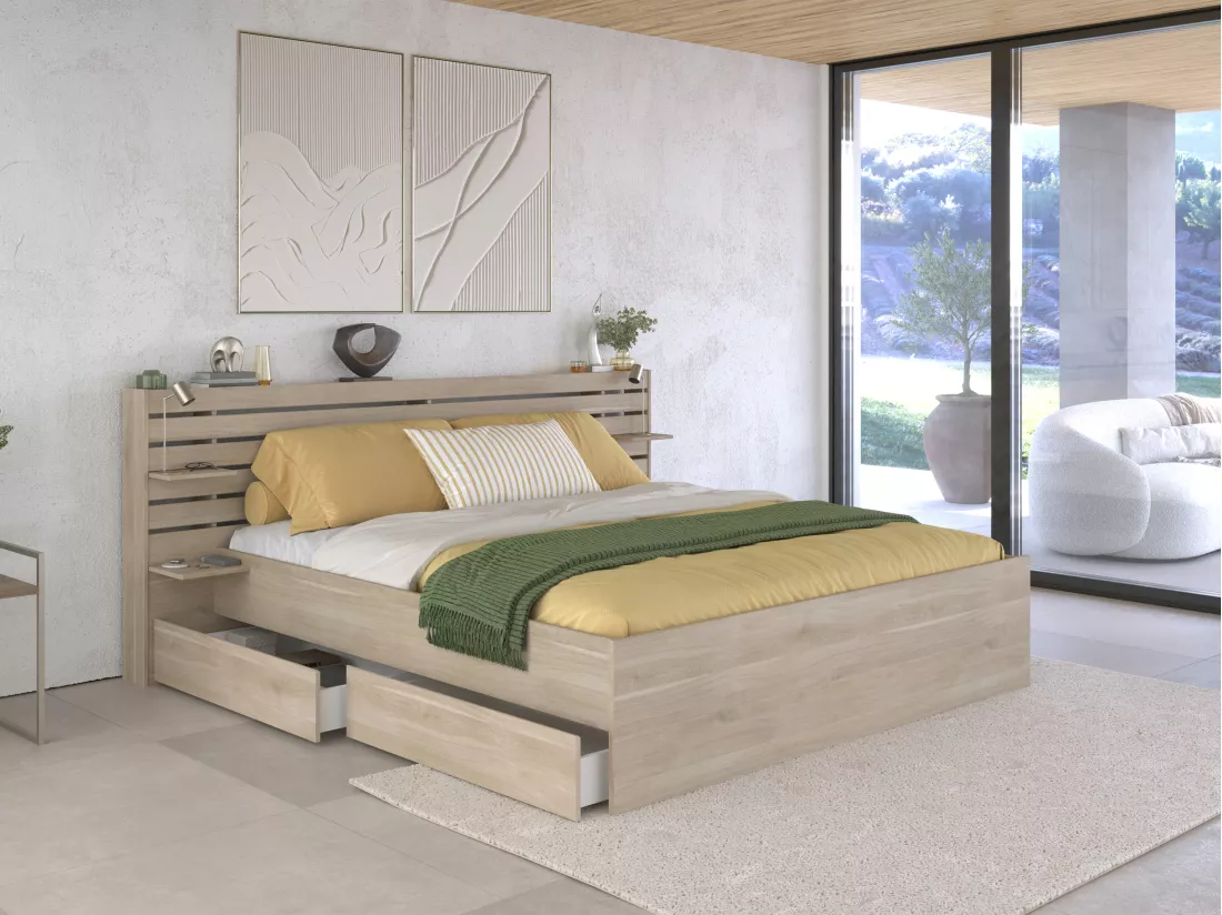 Lit 180 x 200 cm avec rangements - Coloris : Naturel + Sommier + Matelas - TENALIA