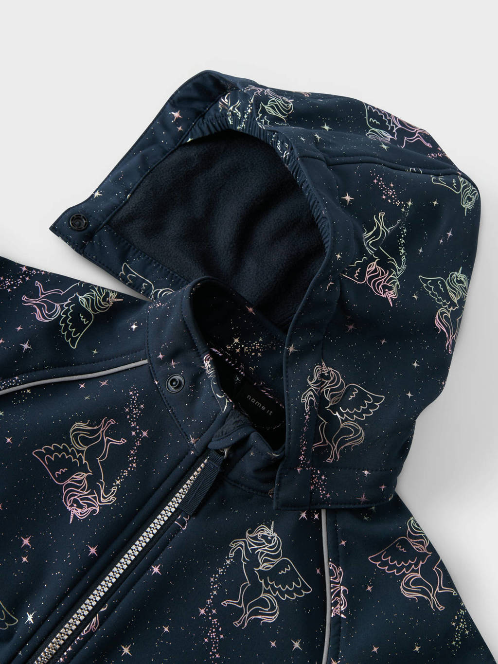 NAME IT softshell buitenspeelpak met all over print donkerblauw/roze metallic