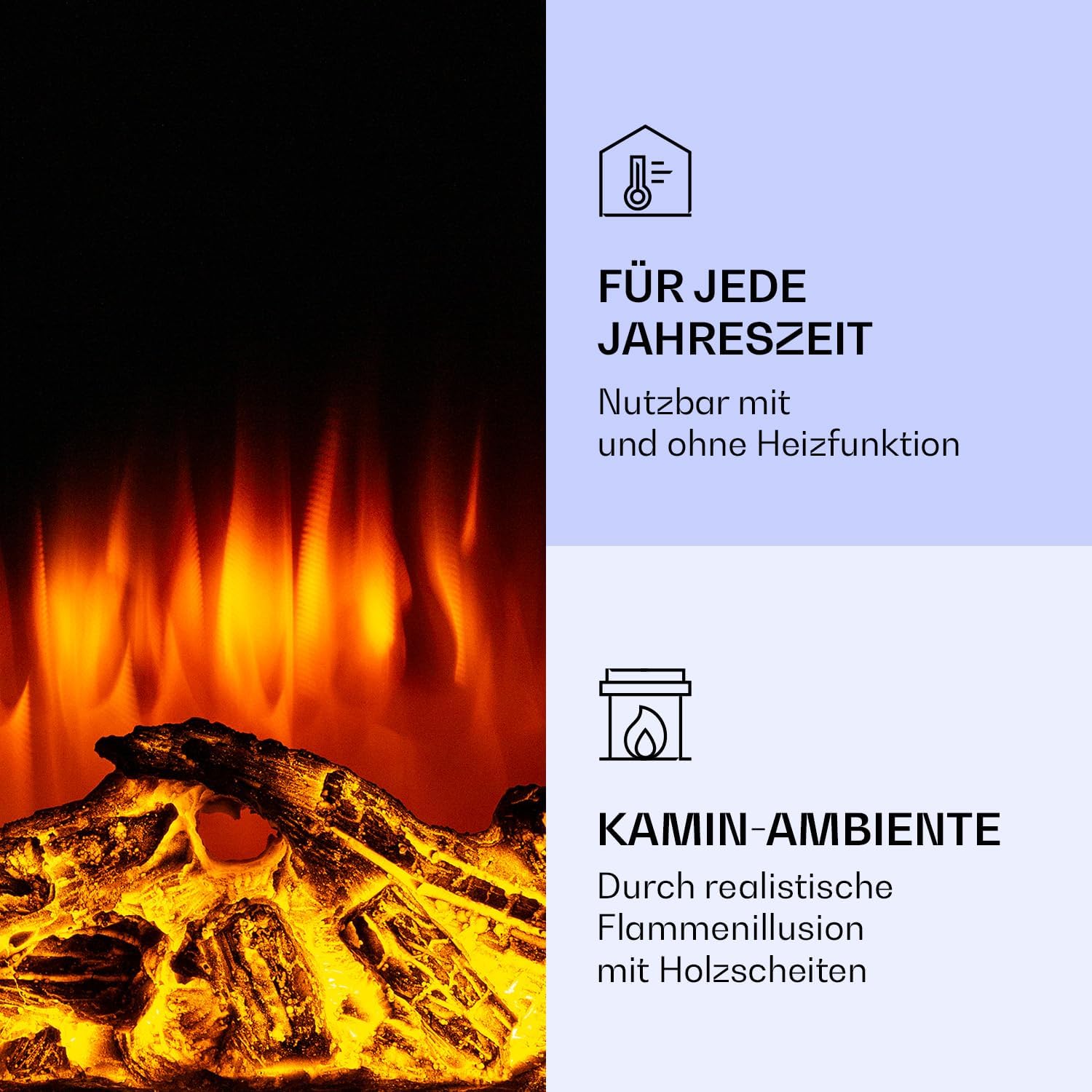 Klarstein Elektrokamin, Elektro Heizungen für Wohnzimmer & Innenräume, Elektrischer Kamin mit LED Flammen, Kamin zur Wandmontage, Heizlüfter mit Timer, Einstellbarer Thermostat, Heizung 2000 W