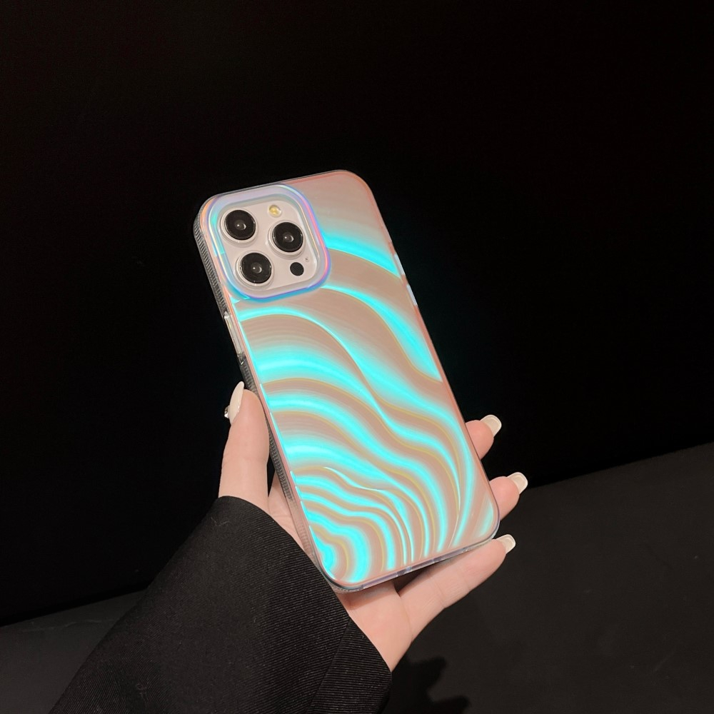iPhone 14 Pro Max Hybrid Hülle TPU Bumper Laser Hologramm Wellen Design - Transparent / Blau
