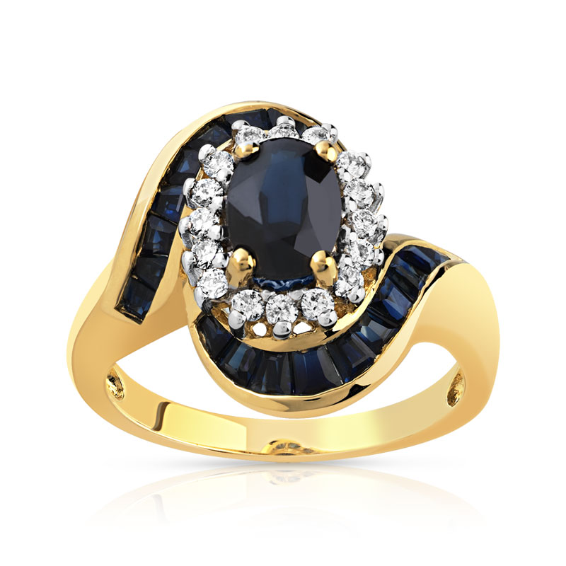 Bague or 750 jaune saphirs et saphir central entouré de diamants