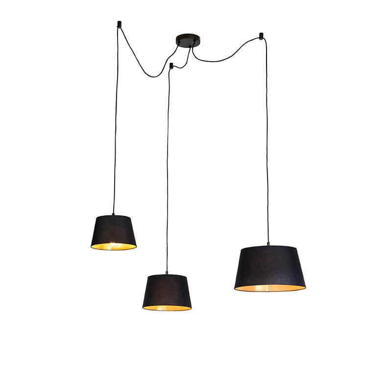 Hanglamp met 3 katoenen kappen zwart met goud - Cava