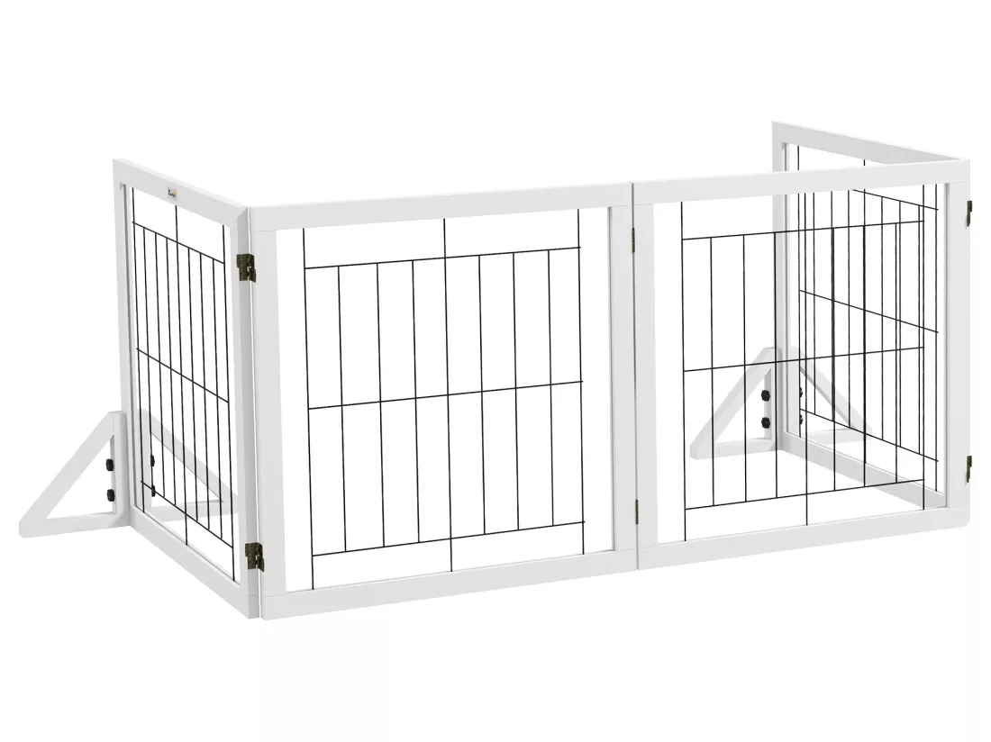 Barrière de sécurité pour animaux autoportante - barrière modulable pliable 4 panneaux - 2 pieds support - acier noir bois blanc