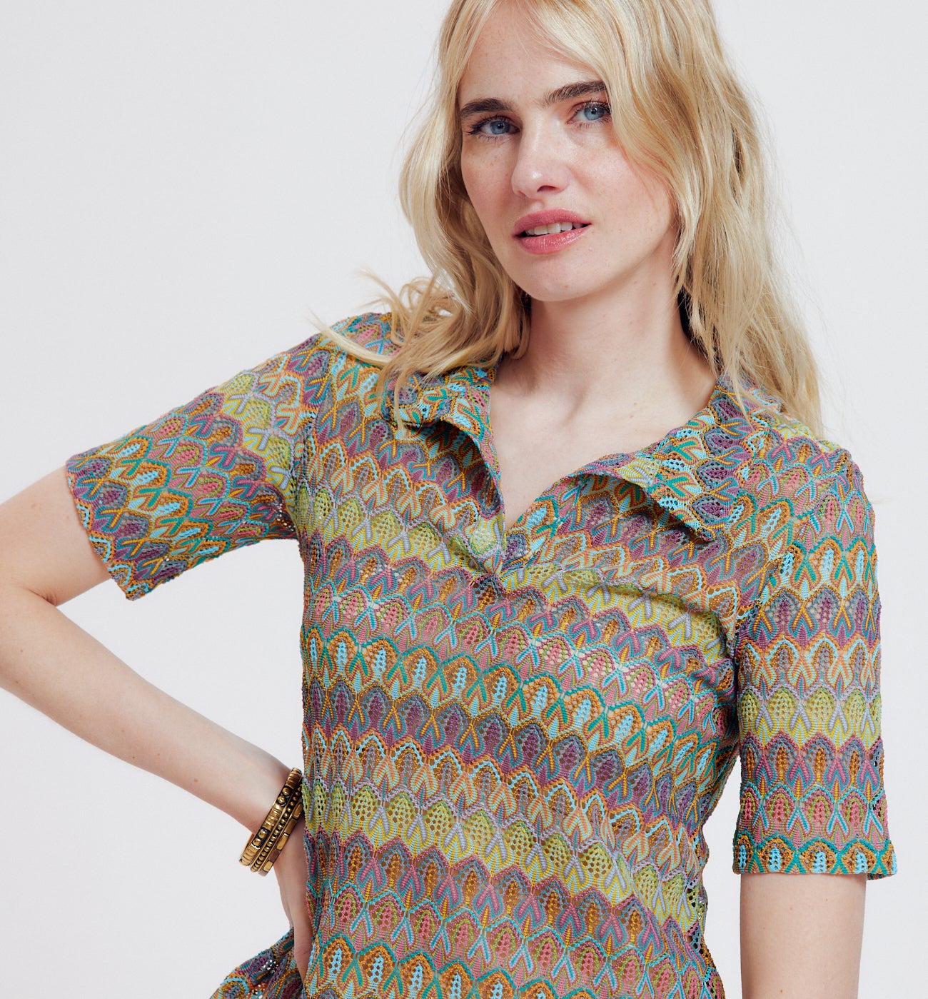 Polo en maille dentelle Femme - Imprimé rose