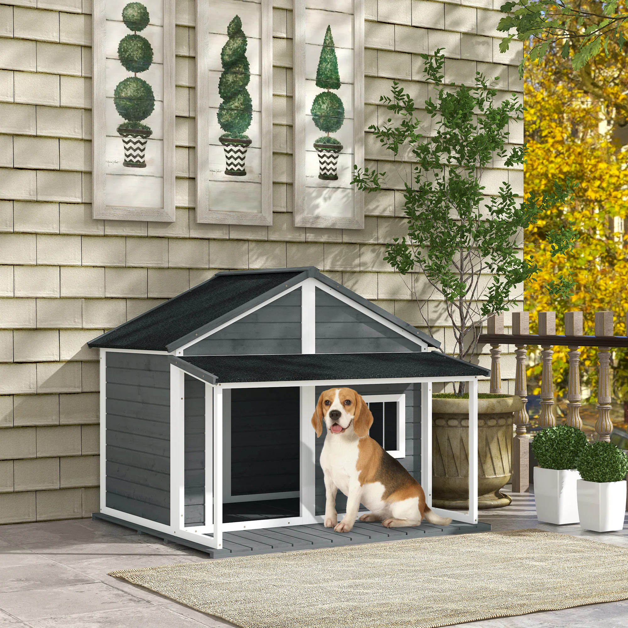 PawHut Hundehütte mit erhöhtem Boden grau 124L x 112B x 105Hcm