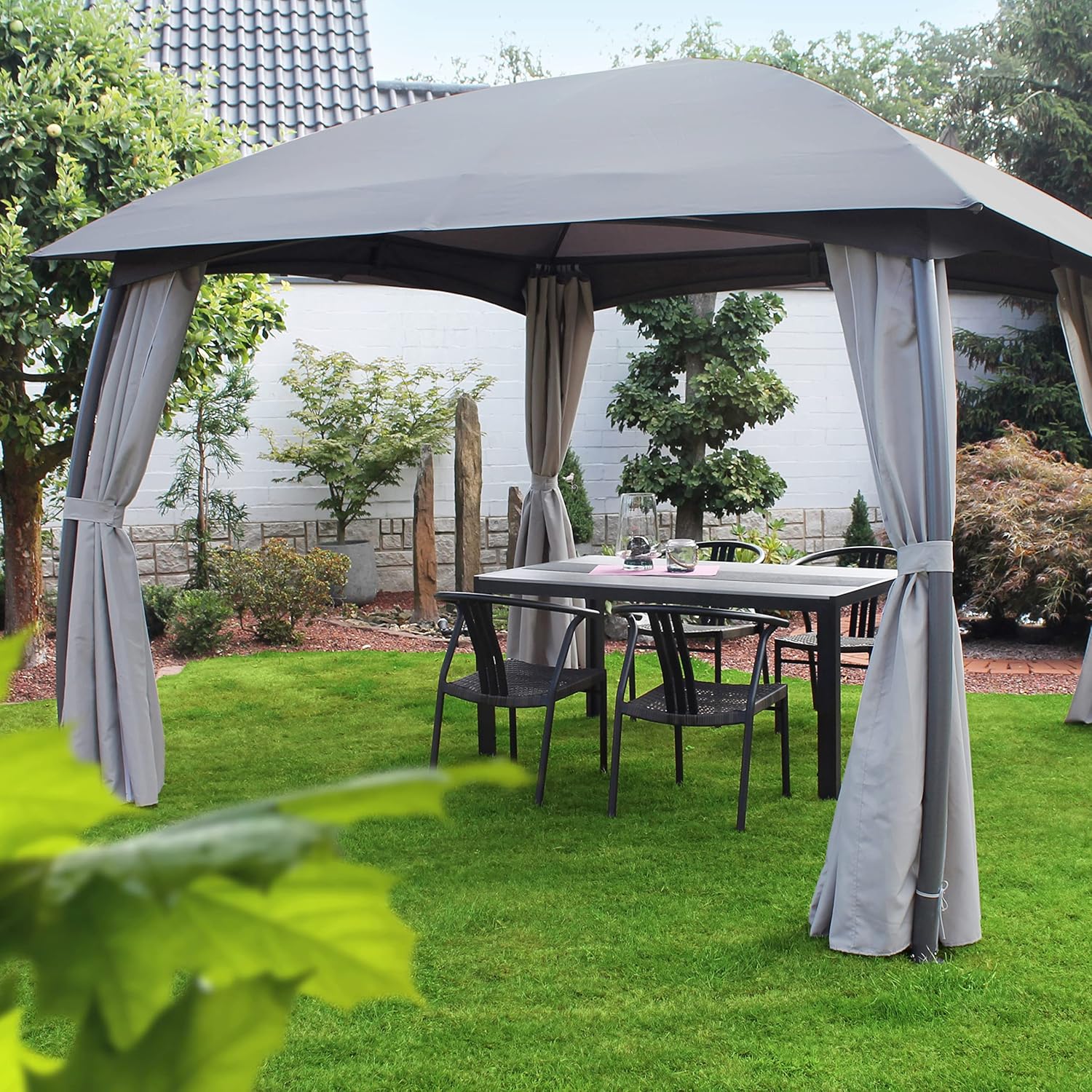 LECO Pavillon Milena – formschöner Gartenpavillon 3,3 x 3,3 m mit verschließbaren Seitenteilen – anthrazit/grau