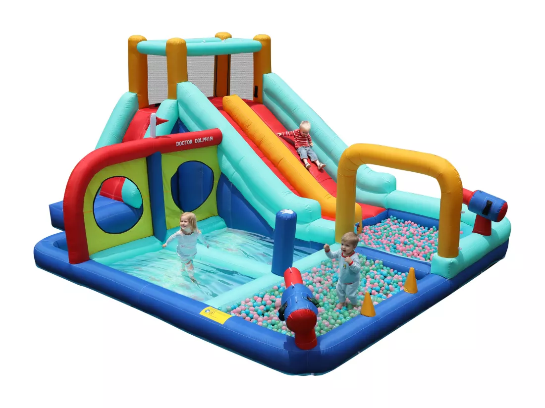 Château gonflable toboggan aquatique double pour enfants - 365 x 450 x 217cm - en oxford - avec souffleur - bleu