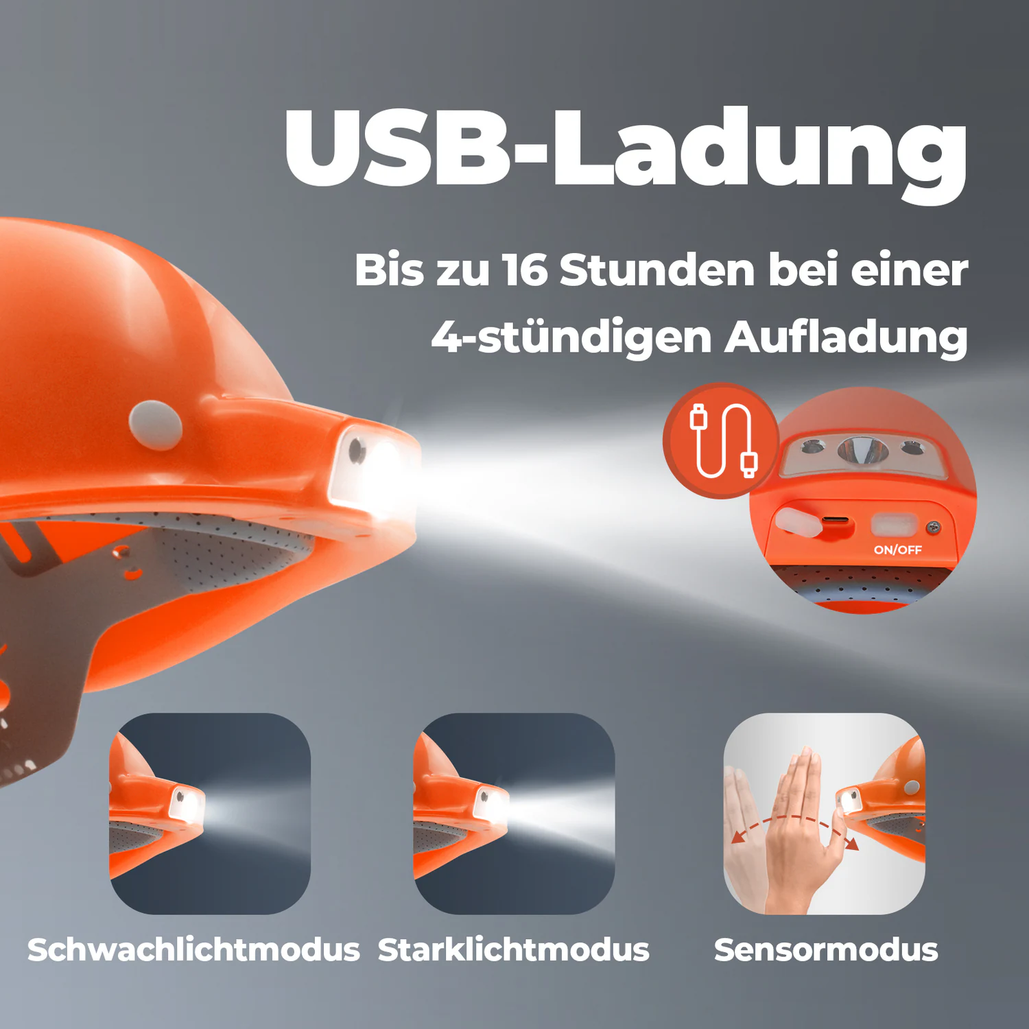 Mustbau MBU-ZC111-ORA Bauhelm,Schutzhelm,Arbeitshelm,Bauarbeiterhelm, USB-Ladegerät-Licht, 53-62cm Einstellbar