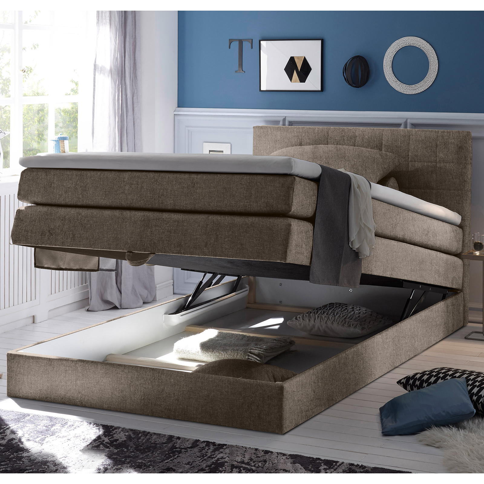 Boxspringbett - stone - H2 - Webstoff - 140x200 cm