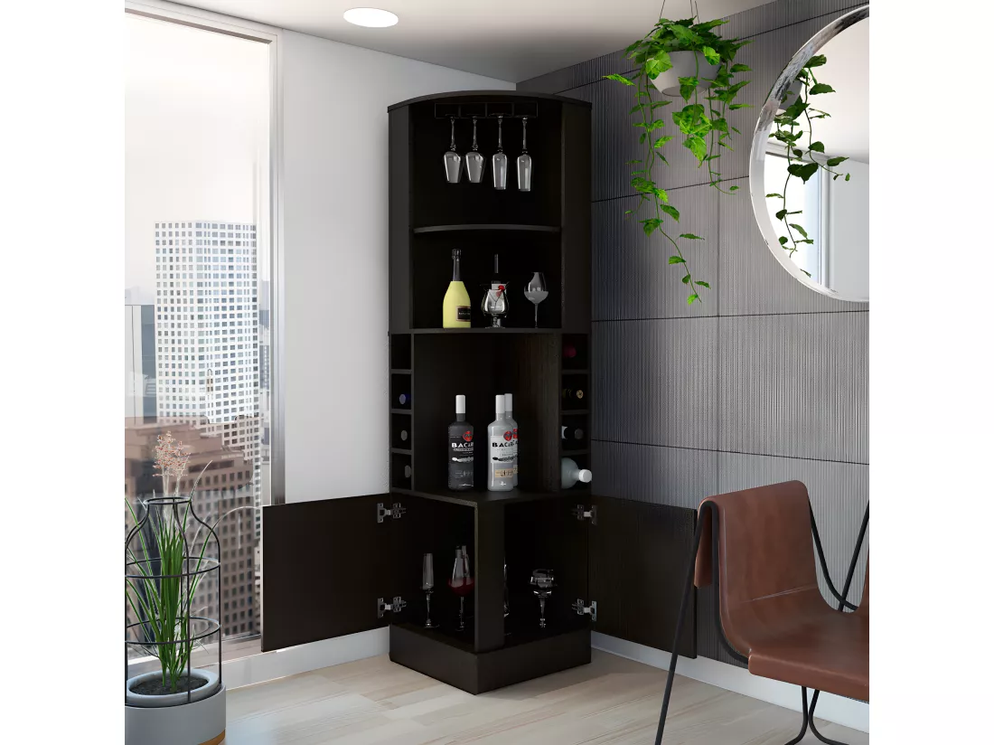 Meuble bar d'angle en mélamine Syrah avec quatre étagères, huit casiers à bouteilles et porte-verre , Noir 180.6 X 46,9 X 46.9 cm