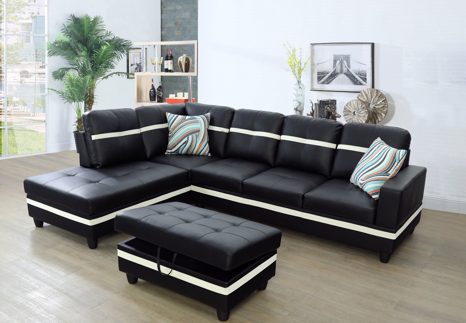 Wilhelmine 103.5&prime;&prime; Wide Faux Leather Sofa & Chaise With Ottoman