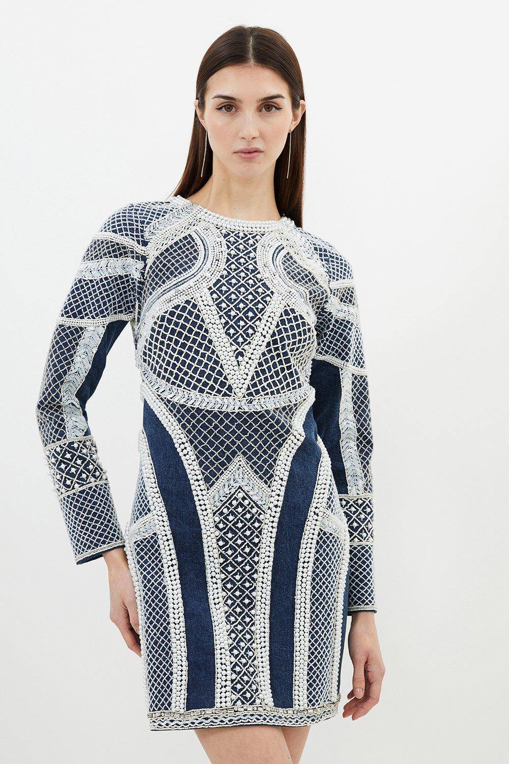 KarenMillen Robe Mini à Manches Longues ornée de perles