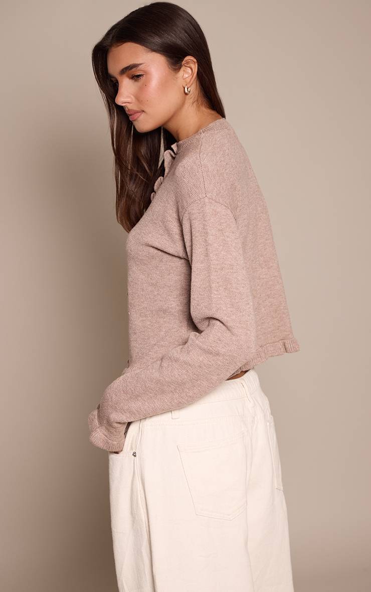 Taupe Cardigan En Maille À Détails Volantés