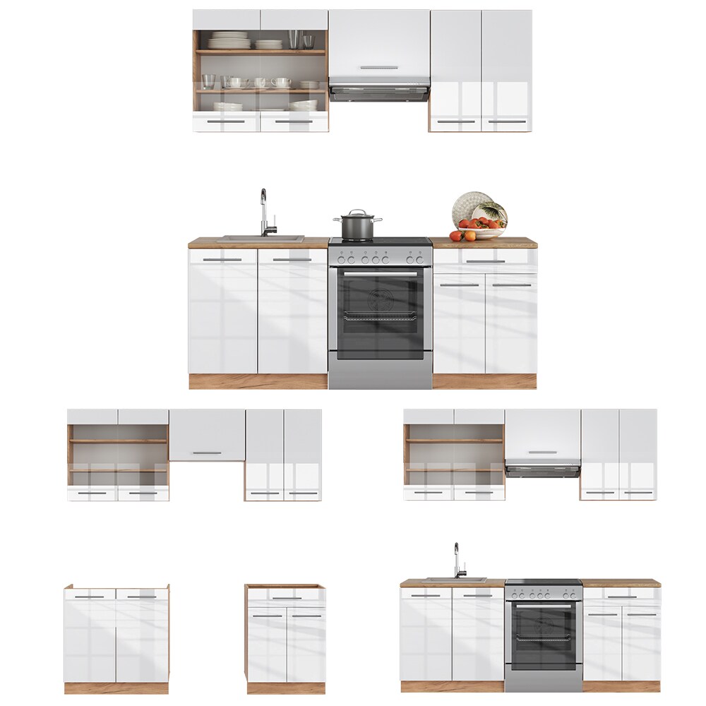 Vicco Küchenzeile Küchenblock Einbauküche Fame-Line Eiche Weiß 200 cm modern Küchen Schränke Schubunterschrank Spülenunterschrank Hängeschrank Hängeglasschrank Hochglanz