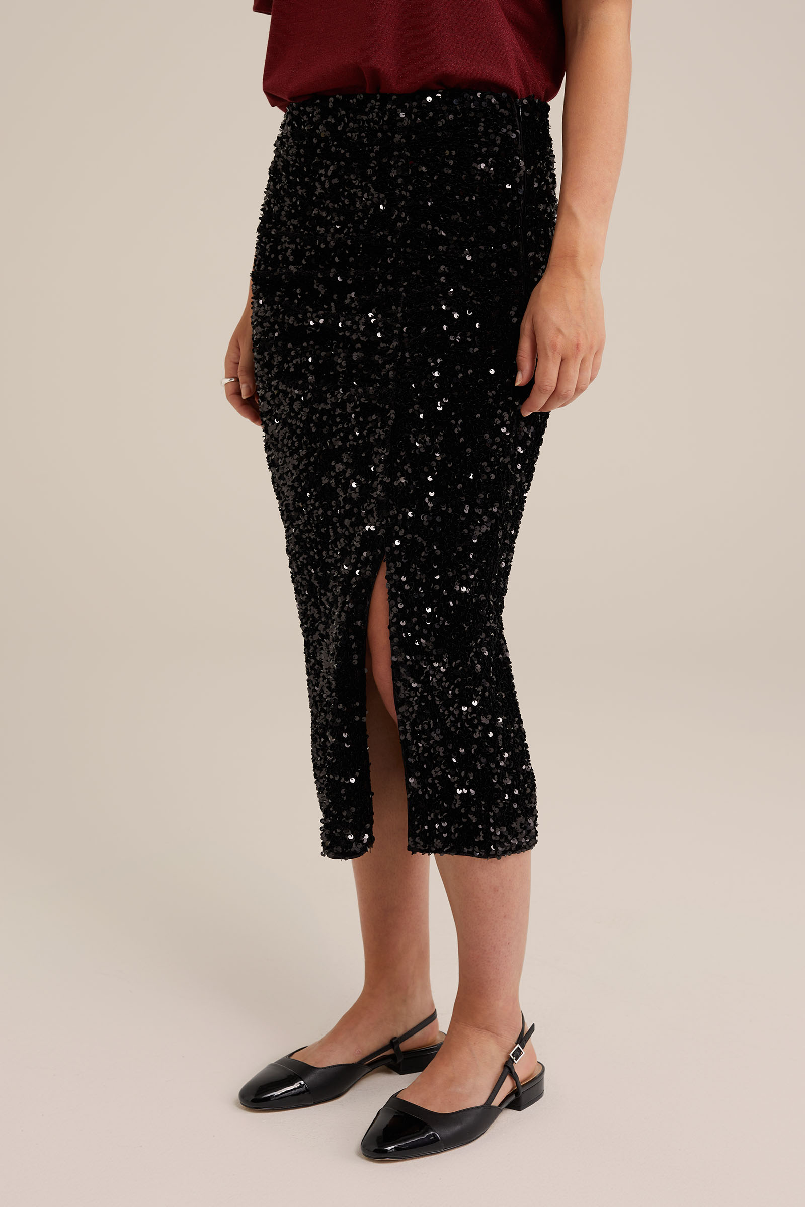 velvet kokerrok met pailletten WE Fashion Zwart