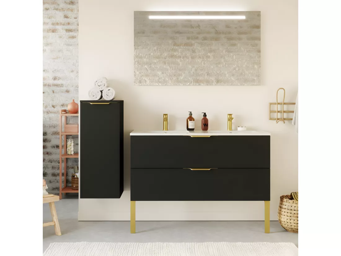 Meuble de salle de bain suspendu double vasque intégrée 120cm 2 tiroirs Noir - Venice