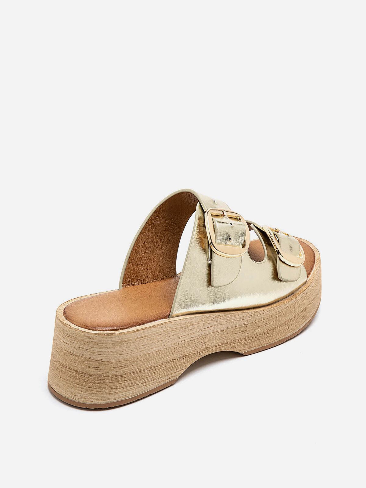 Mules à brides et plateforme en bois- Doré
