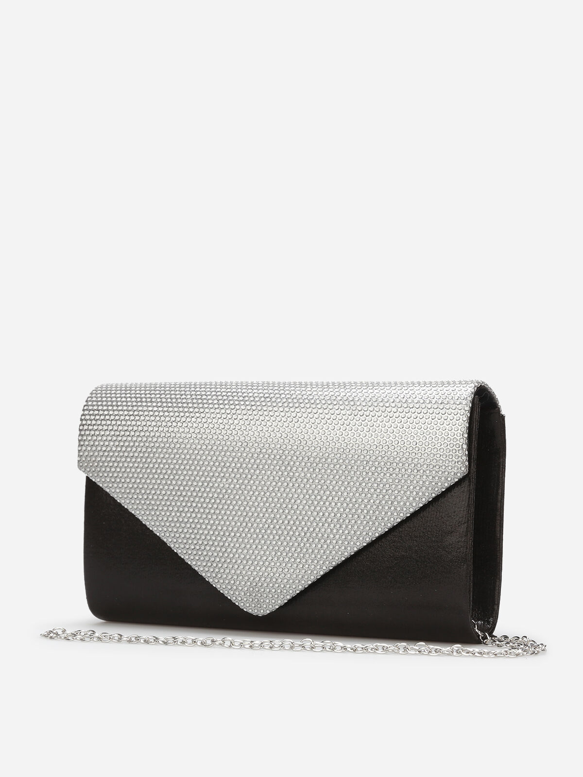 Pochette enveloppe satinée à strass- Noir