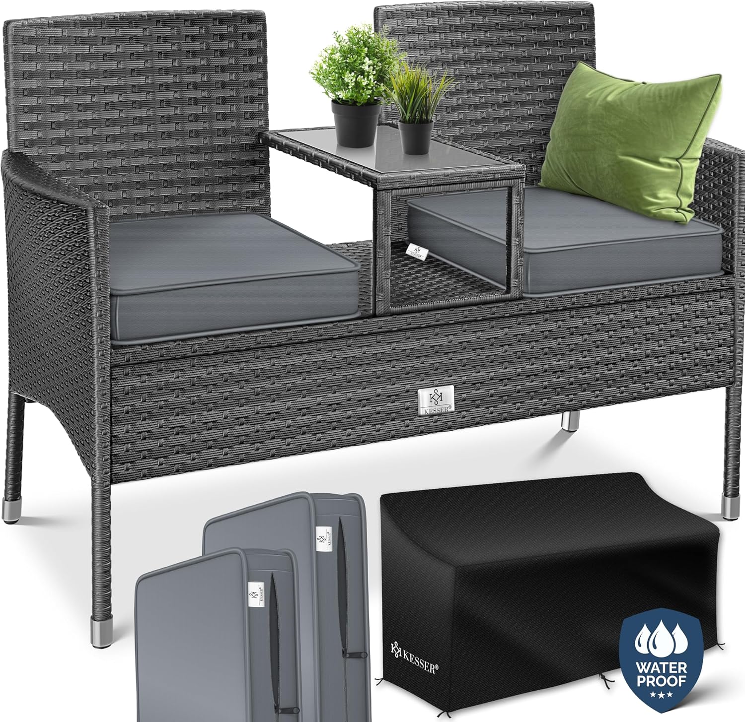 KESSER® Polyrattan Gartenbank 2-Sitzer Bank mit integriertem Tisch, 143×63×88 cm - Rattan Sitzbank Garten Balkon Gartensofa wetterfest Sitzgruppe Ultra Stabile, inklusive Kissen und Cover, Anthrazit