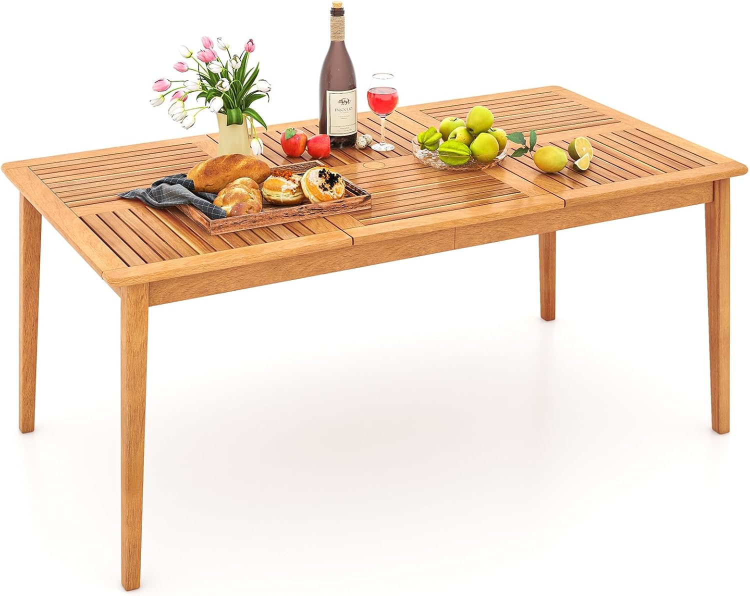 COSTWAY Gartentisch Akazienholz, 170x90cm, großer Terrassentisch für 6 Personen, rechteckiger Balkontisch mit Schirmloch, Holztisch, Outdoor-Esstisch für Balkon, Terrasse, Garten