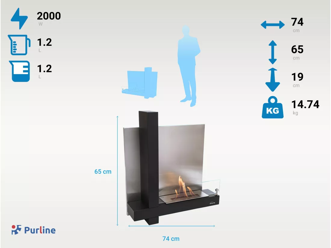Cheminée à l'éthanol en verre et acier inox noir