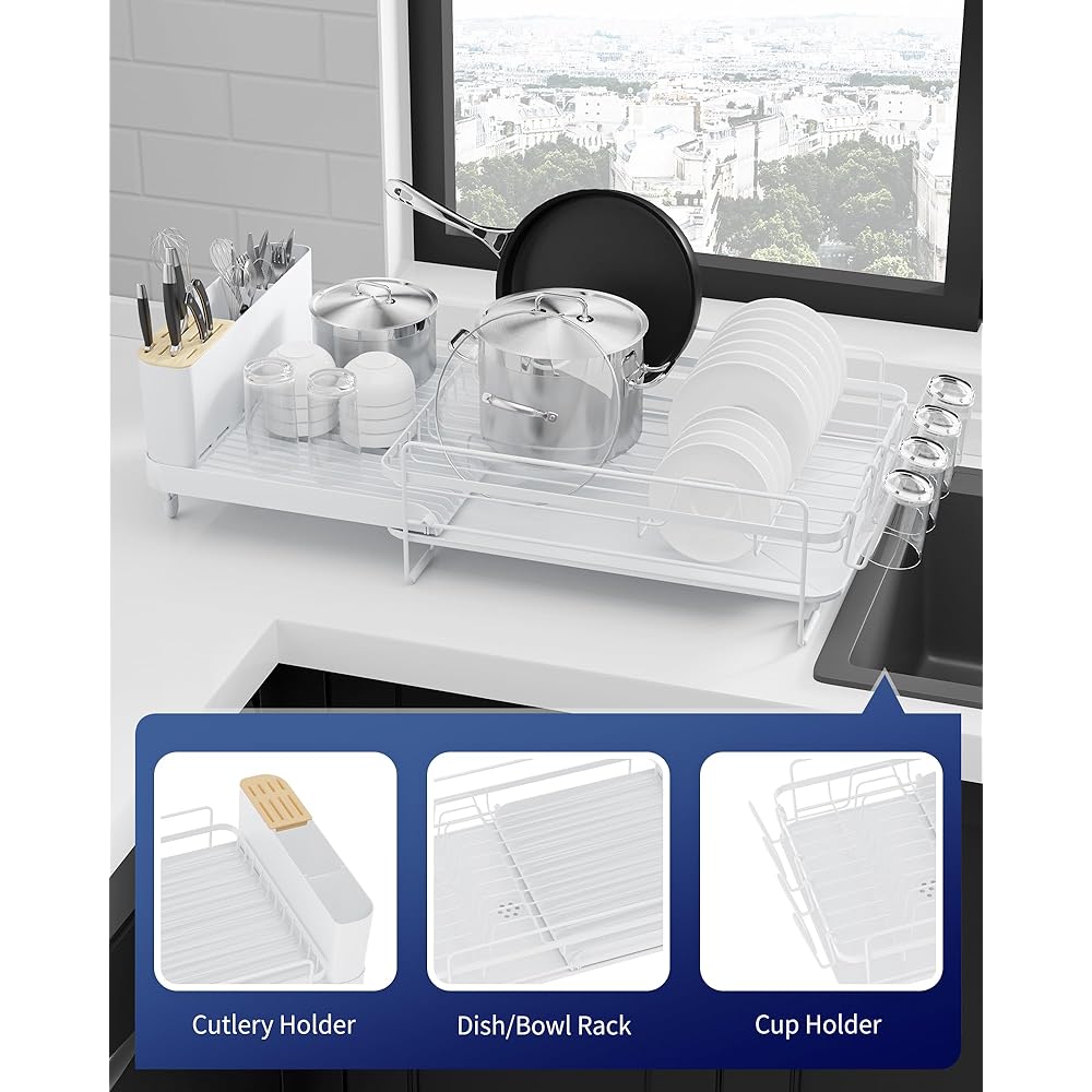 Kitsure Grand égouttoir à vaisselle – Égouttoir à vaisselle extensible multifonction pour comptoir de cuisine, égouttoir à vaisselle antirouille avec couverts et porte-gobelets, 68,6 x 32,8 cm (L x : Cuisine et Maison