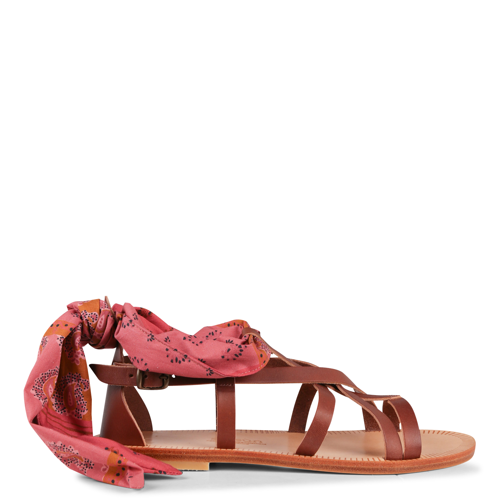 SELENE - Sandales plates en cuir et ruban en popeline de coton imprimée | Marron