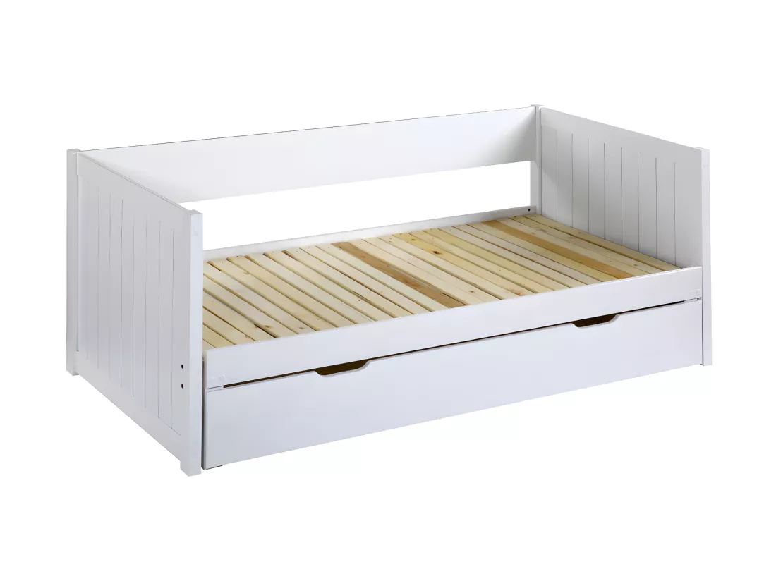 Lit gigogne banquette 90 x 190 ou 174 x 190 cm - Avec sommier peigne et tiroir - Pin et MDF - Blanc + matelas - ALFIERO II