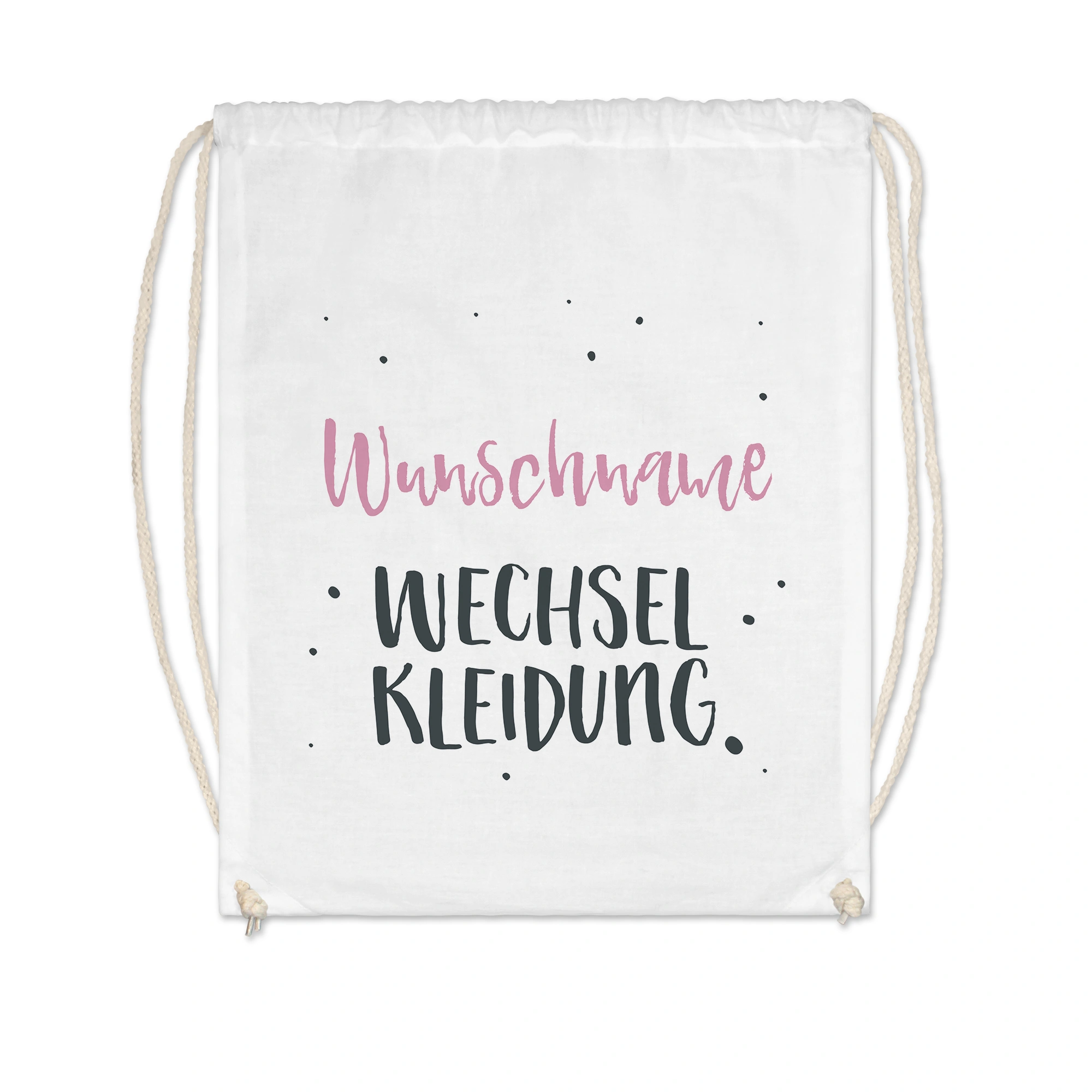 Stoff-Turnbeutel mit Namen, weiß (Motiv: Wechsel-Kleidung)
